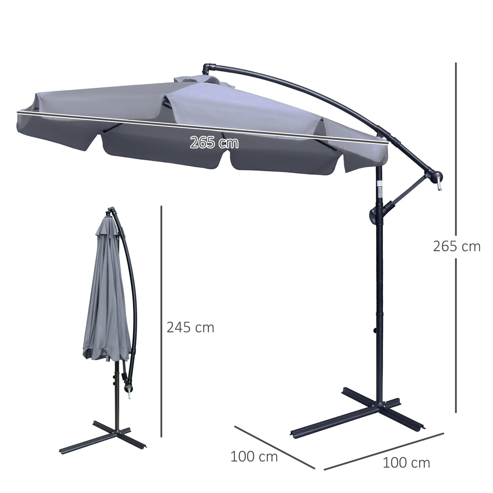 Outsunny 2.7M Garden Banana Parasol Cantilever Umbrella With Crank Handle And Cross Base For Outdoor