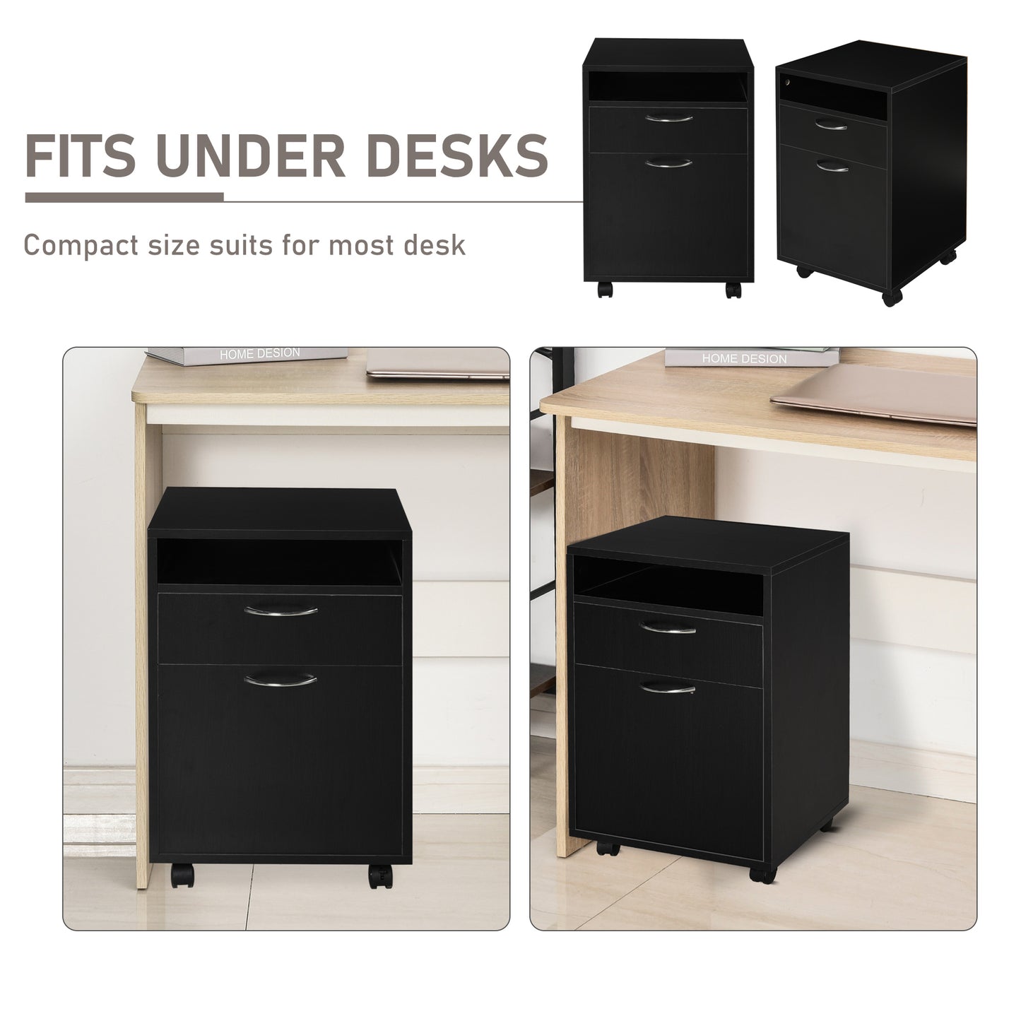 Homcom 60cm Storage Cabinet w/ Drawer Open Shelf Metal Handles 4 Wheels Office Home Organiser Mobile Printer Black