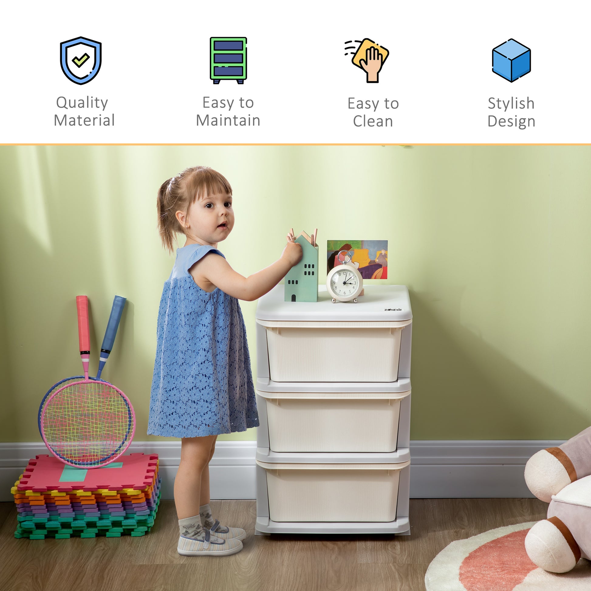 ZONEKIZ Kids Storage Units with Drawers 3 Tier Chest Vertical Dresser Tower Toy Organiser for Nursery Playroom Kindergarten White