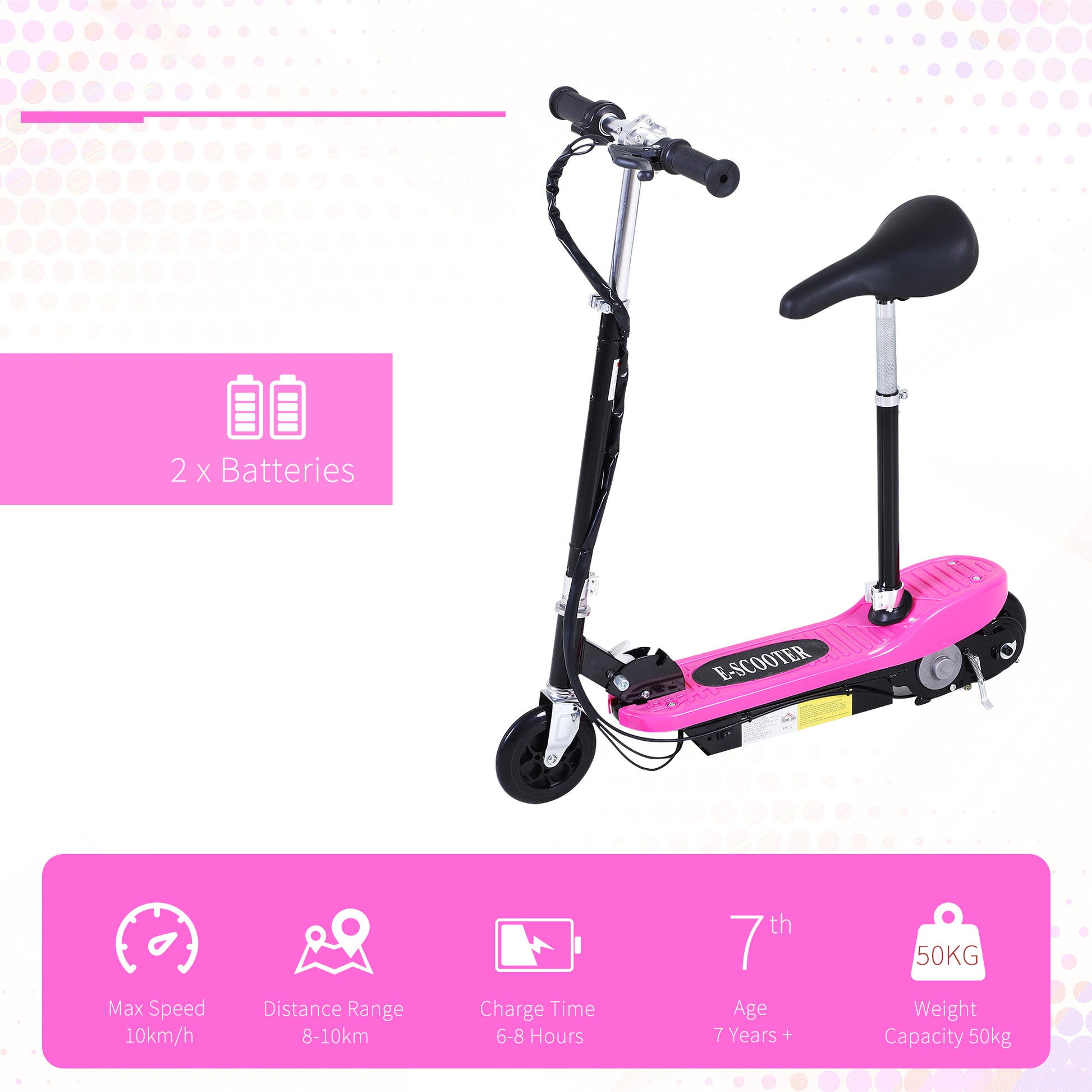 Homcom Foldable Electric Scooter Ride on for Kids 12V 120W W/Brake Kickstand-Pink