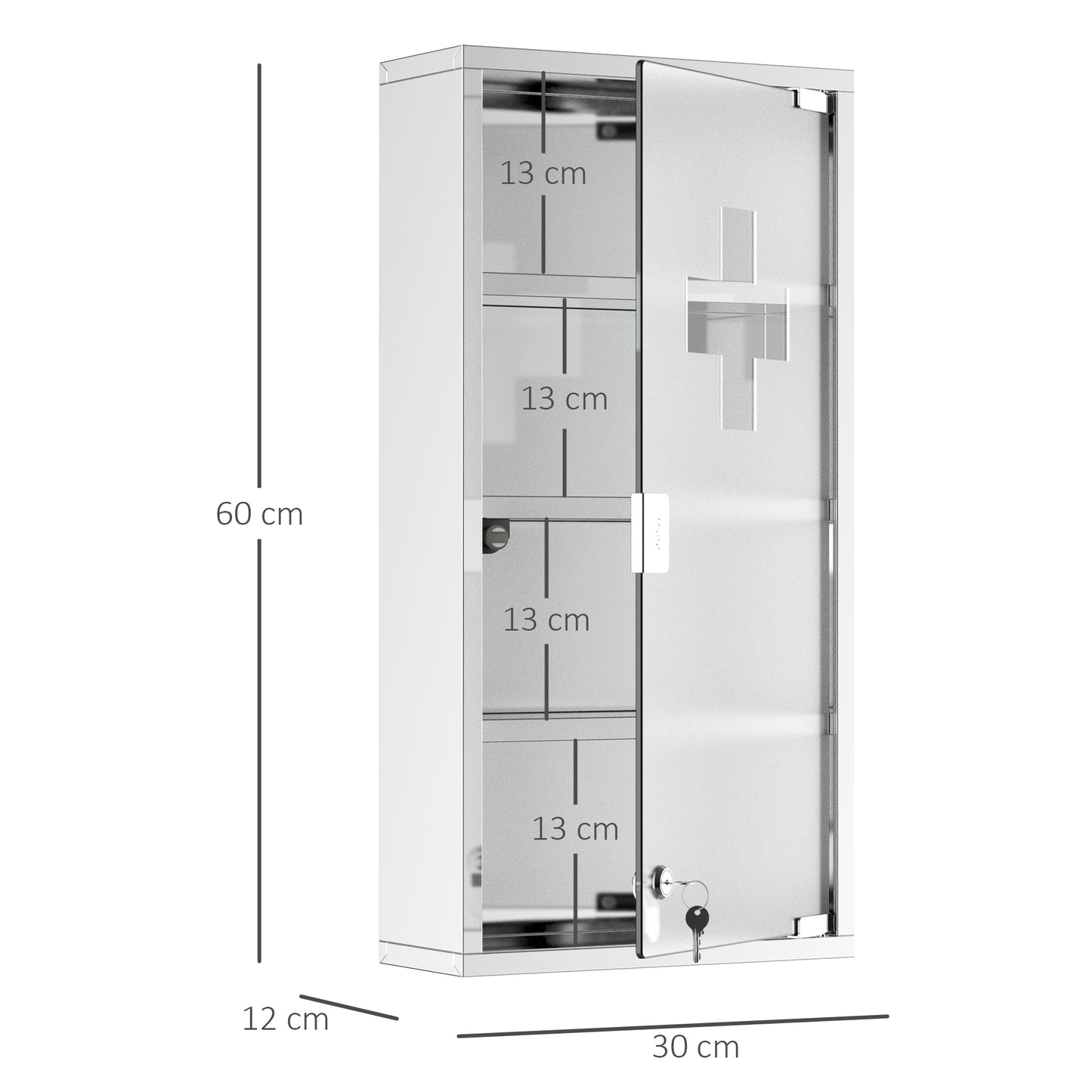 Homcom 4 Tier Stainless Steel Wall Mounted Medicine Cabinet Glass Lockable Door Storage Shelves Houseware Bathroom Furniture 60Hx30Wx12D(cm) w/2 Keys