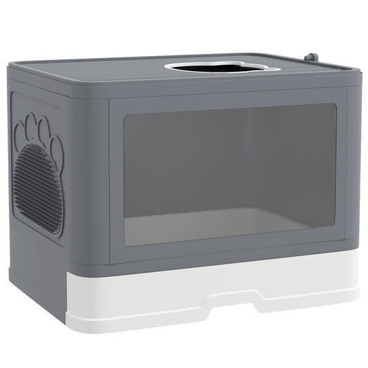 Cat Litter Box Enclosed with Lid Front Entry Top Exit, Drawer Tray, Scoop, Brush, 48.5 x 38 x 36.5cm - Grey-0