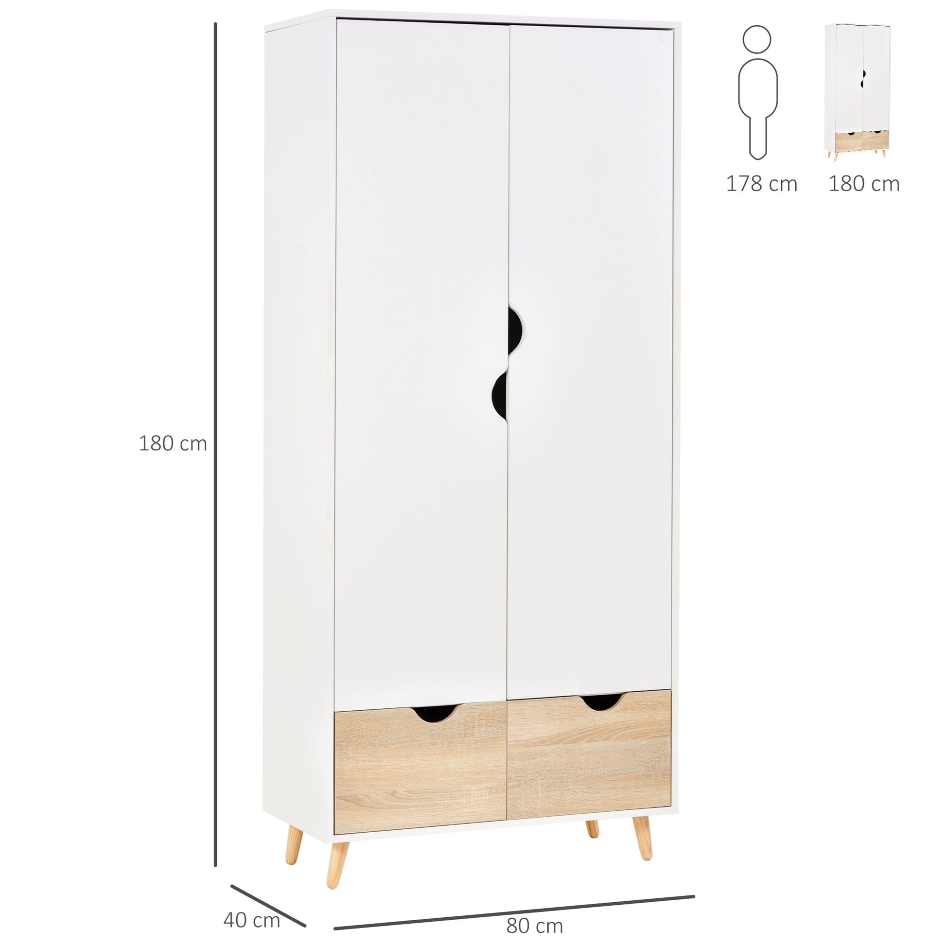 Homcom 2-Door Clothes Wardrobe w/ Rail Shelf 2 Drawers Wood Feet Elegant Home Storage Organisation Furniture Dresses Coats Blankets Shoes White