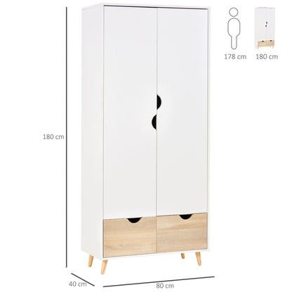 Homcom 2-Door Clothes Wardrobe w/ Rail Shelf 2 Drawers Wood Feet Elegant Home Storage Organisation Furniture Dresses Coats Blankets Shoes White