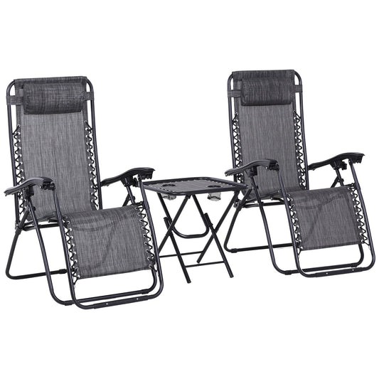 Outsunny 3pcs Folding Zero Gravity Chairs Sun Lounger Table Set w/ Cup Holders Reclining Garden Yard Pool