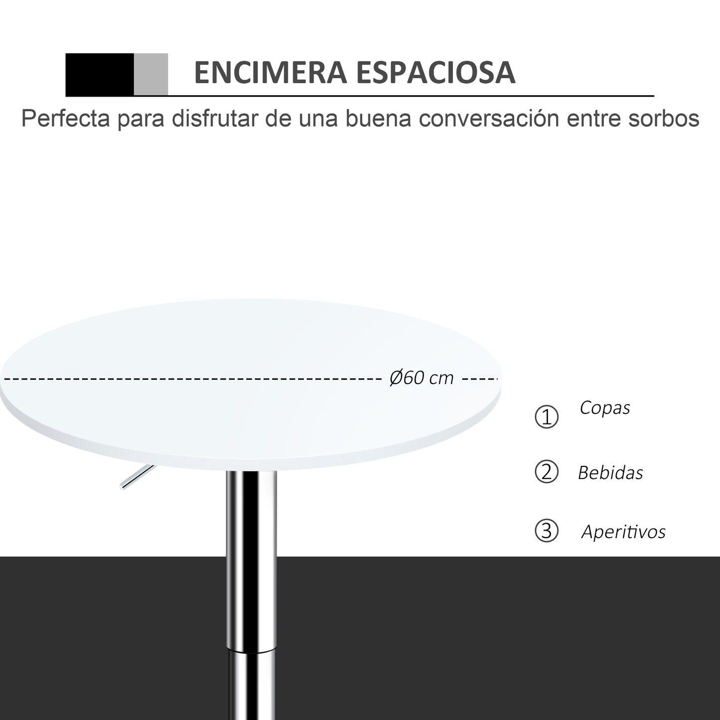 Homcom Bar Table ?60cm Adjustable Height Round Bistro Table w/ Swivel Top Metal Frame Counter Surface Stylish Kitchen Conservatory White