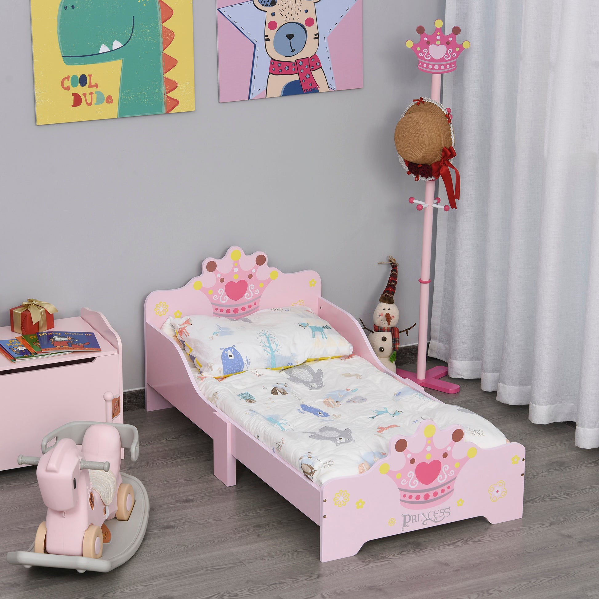 Homcom Kids Toddler Bed Princess Crown Theme Safety Side Rails Slats Home Bedroom Furniture Boys Girls 3-6 Yrs Pink 143 x 73 x 60 cm