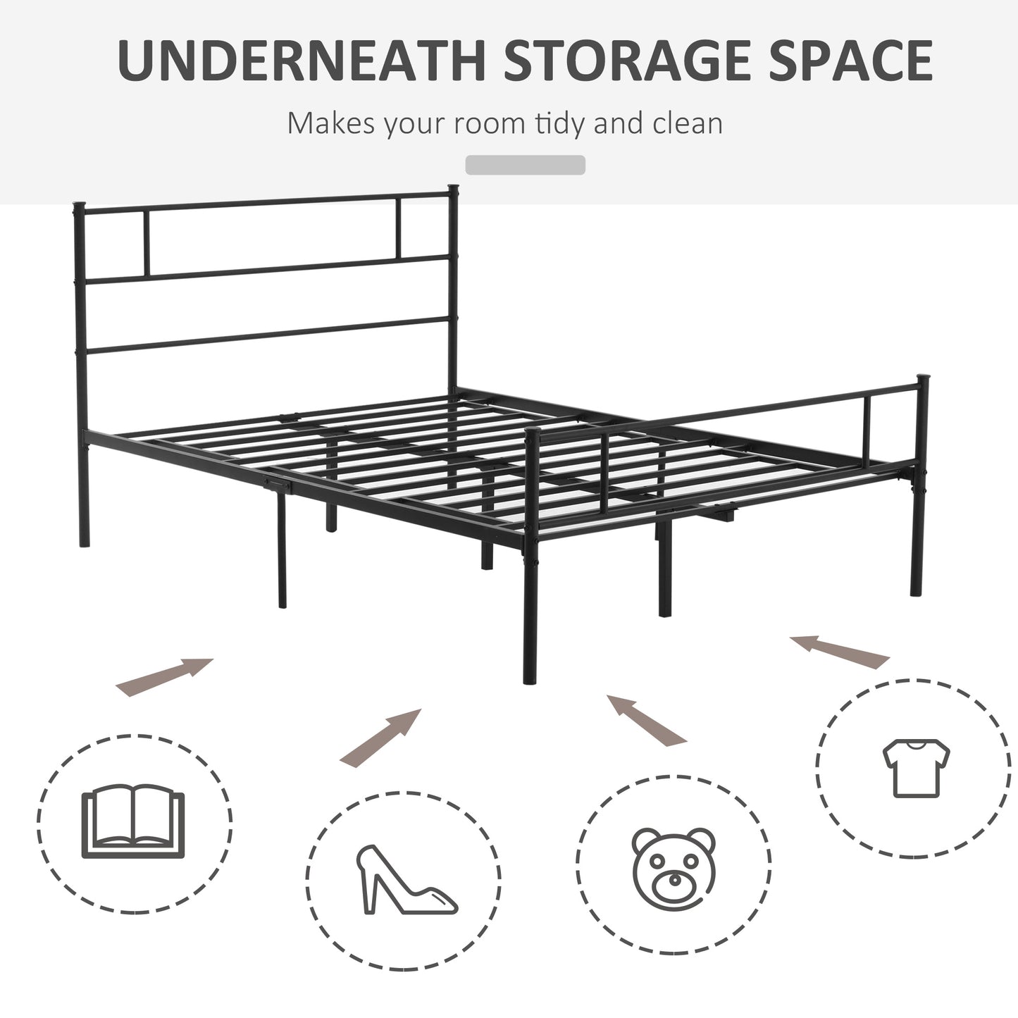 Homcom Double Metal Bed Frame Solid Bedstead Base with Headboard and Footboard