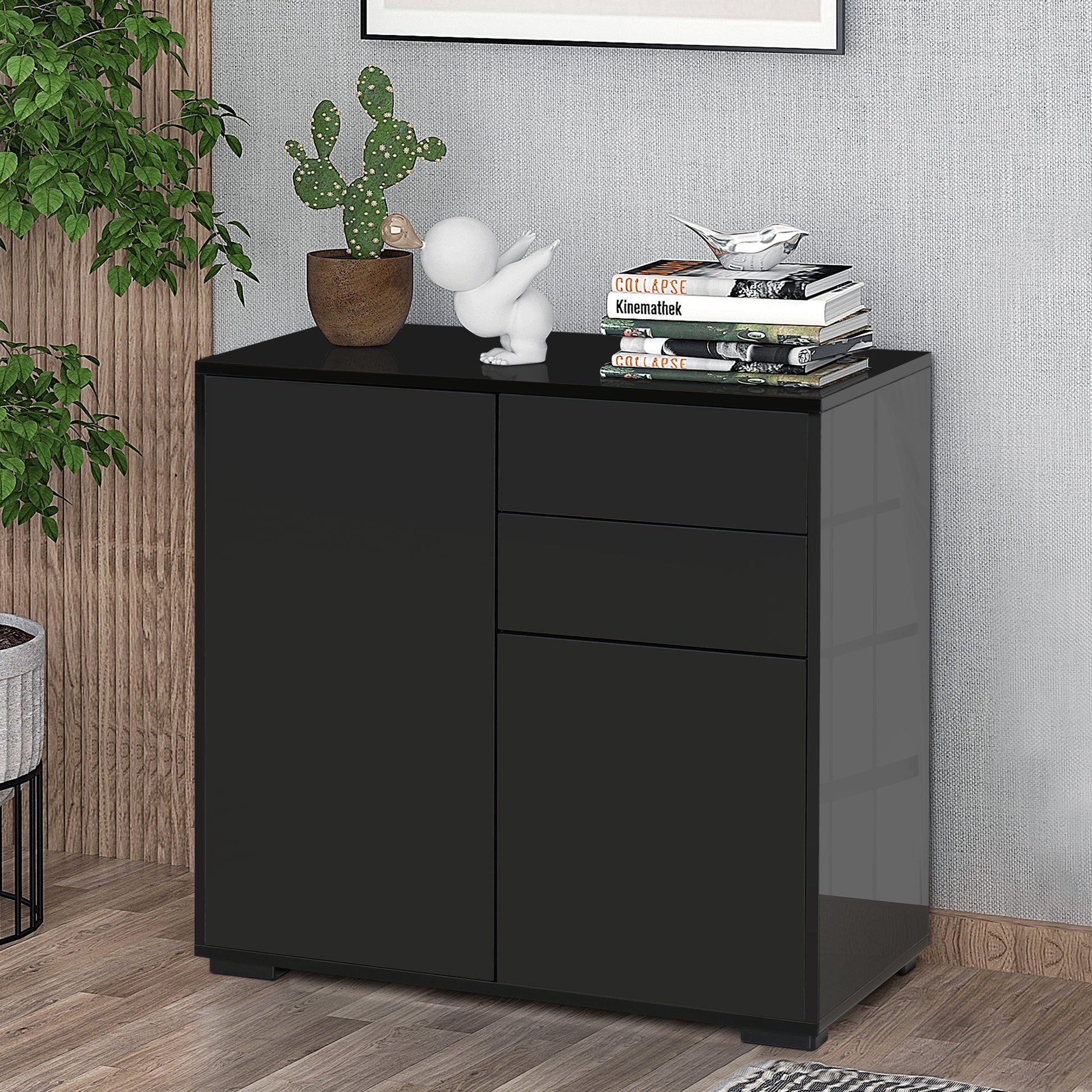 Homcom High Gloss Frame Sideboard Side Cabinet Push-Open Design With 2 Drawer For Living Room Bedroom Black