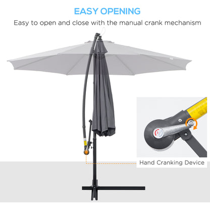 Outsunny 3(M) Garden Parasol Sun Shade Patio Banana Hanging Umbrella Cantilever With Crank Handle And Cross Base Grey