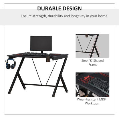 Homcom Gaming Desk Computer Table Metal Frame With Cup Holder Headphone Hook Cable Hole Black