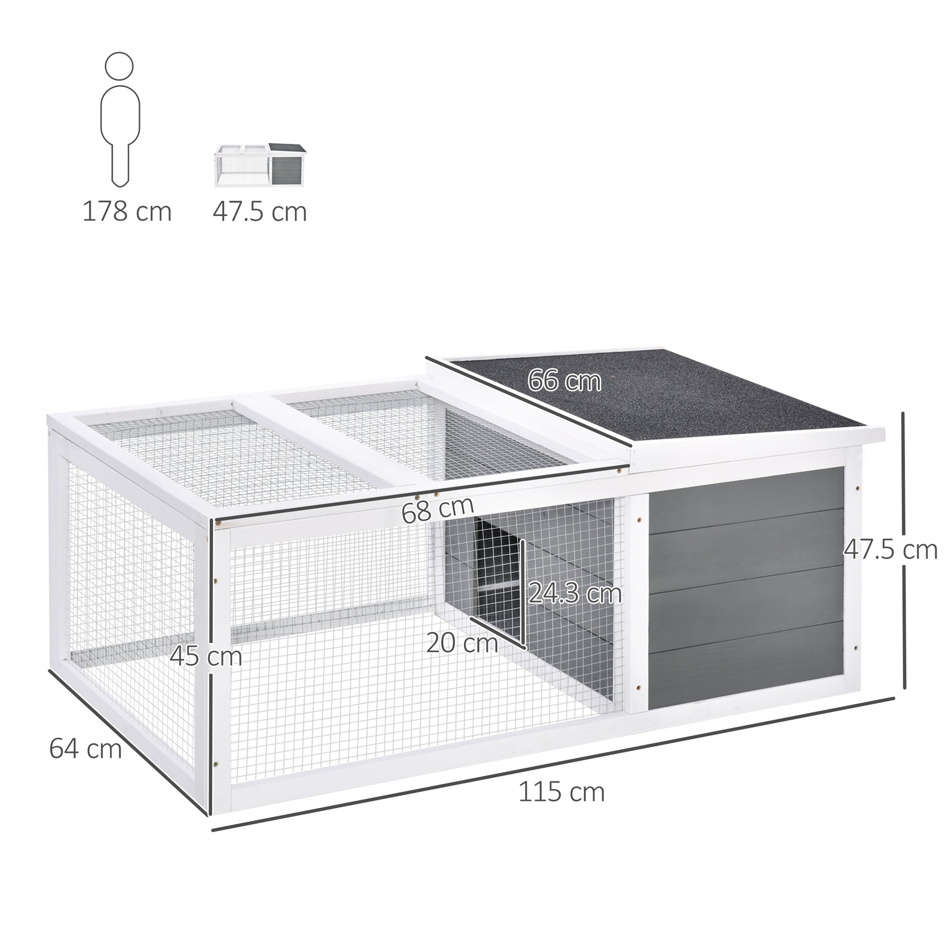 PawHut Wooden Rabbit Hutch Guinea Pig Small Animal Cage Rabbit Run Duck House Asphalt roof Indoor Outdoor 115 x 66 x 47.5 cm