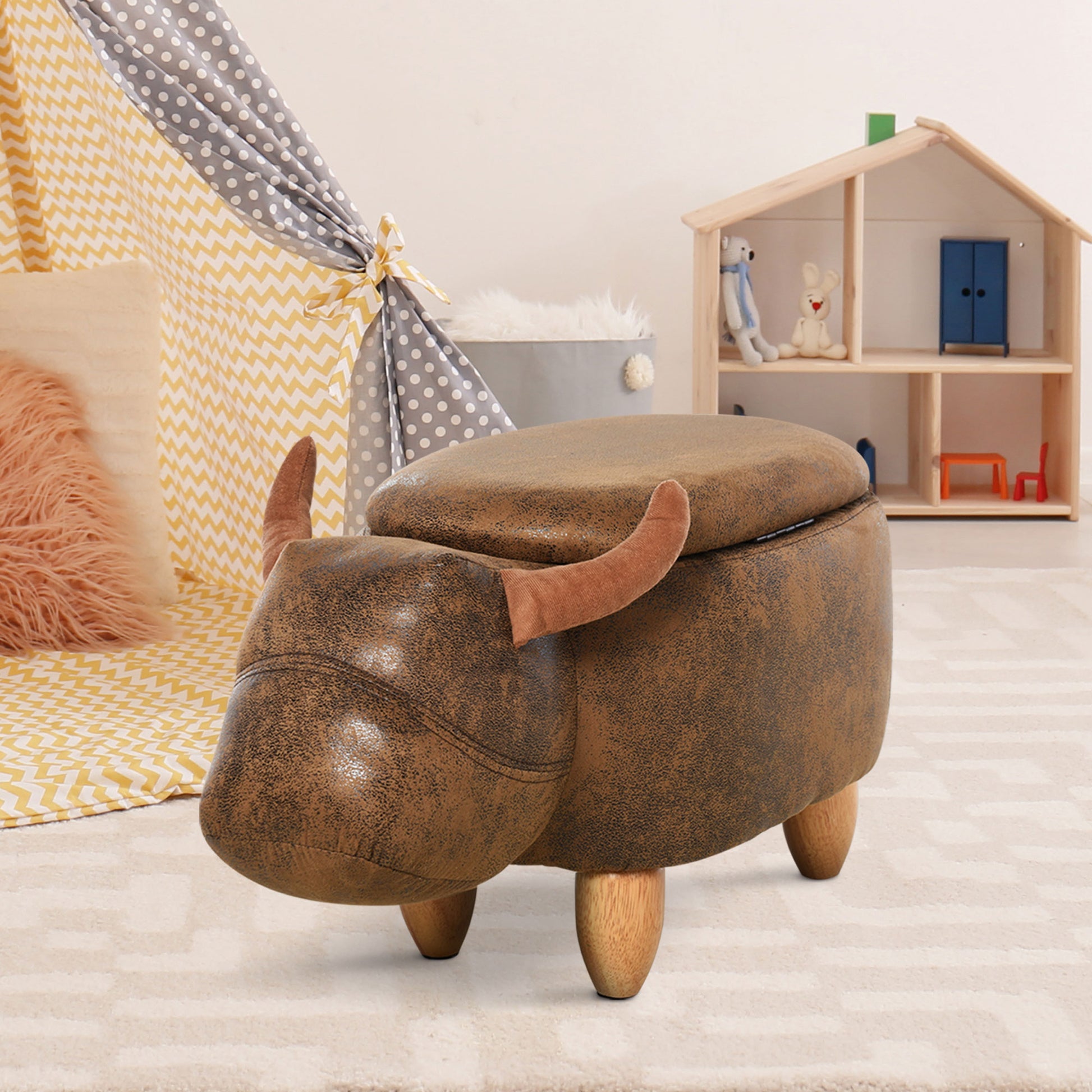 Homcom Animal footstool Buffalo Storage Stool Cute Kids Decoration Wood Frame Legs w/Padding Lid Ottoman Furniture Brown