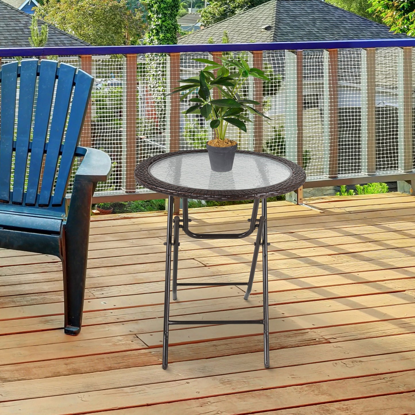 Outsunny Folding Round Tempered Glass Metal Table with Brown Rattan Edging