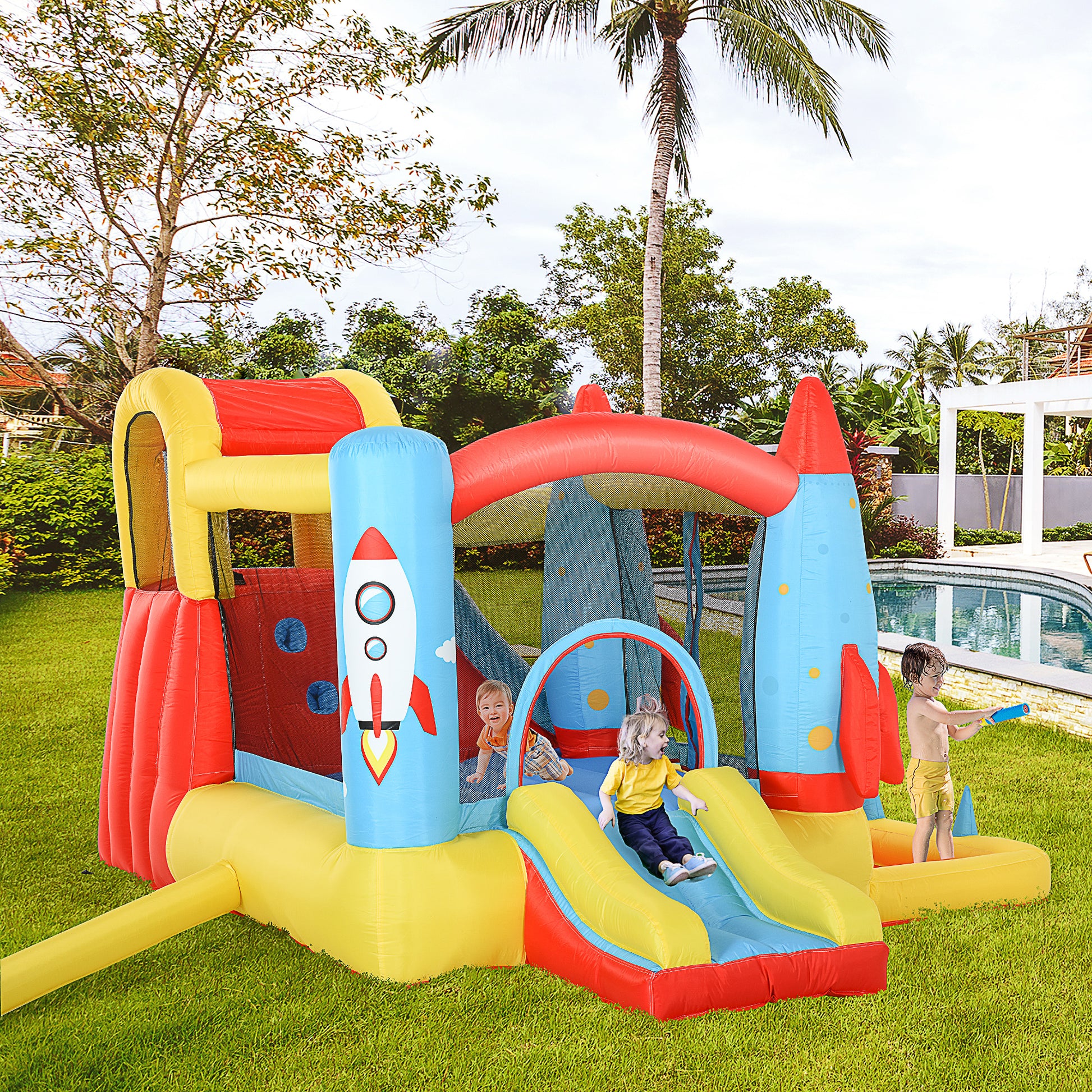 Outsunny Bounce Castle Inflatable Trampoline Slide Pool Rocket Design 3.4 x 2.8 x 1.85m