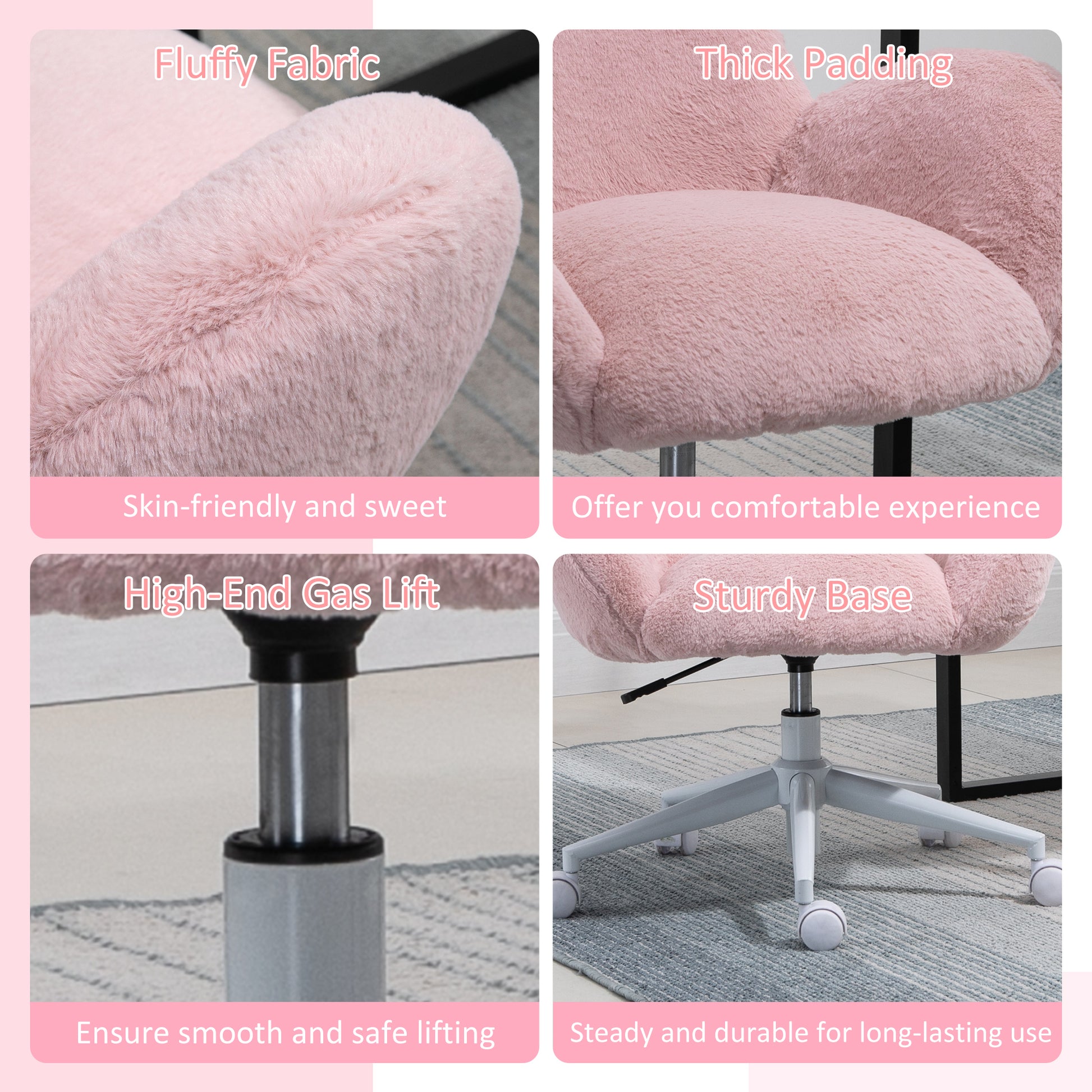 Homcom Fluffy Leisure Chair Office Chair with Backrest and Armrest for Home Bedroom Living Room with Wheels Pink