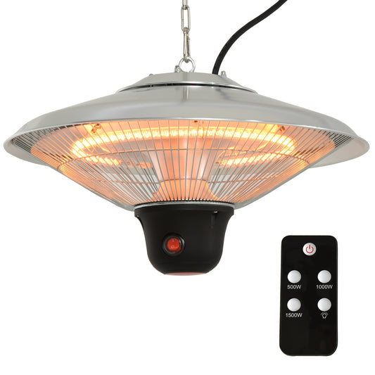 Outsunny 1500W Patio Heater Outdoor Ceiling Mounted Aluminium Halogen Electric Hanging Heating Light with Remote Control and 3 Heat Settings