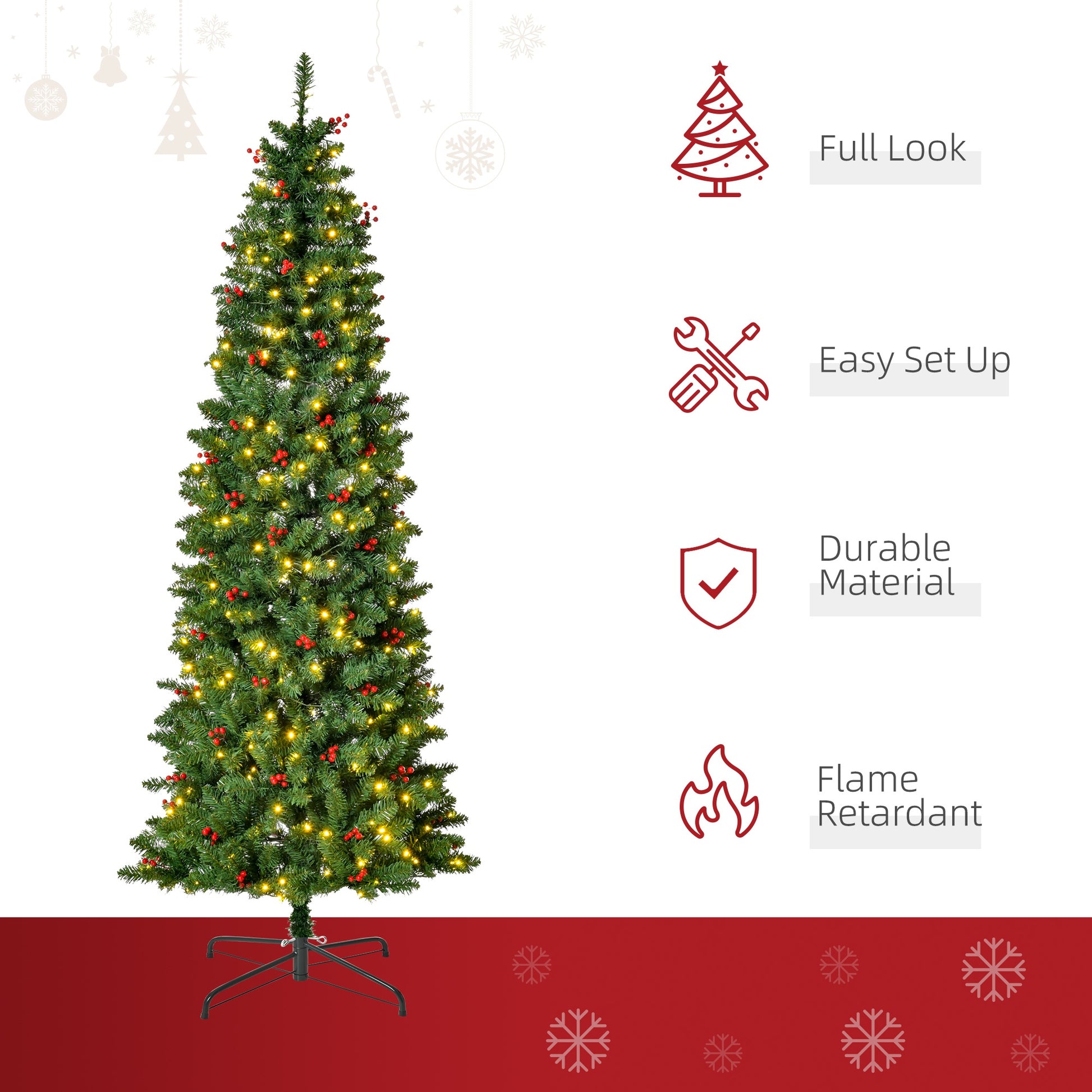 Homcom 7FT Prelit Artificial Pencil Christmas Tree with Warm White LED Light