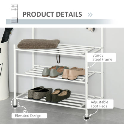 Homcom 18 Hook Metal Frame Hallway Coat Hanger w/ 3-Tier Shoe Storage White