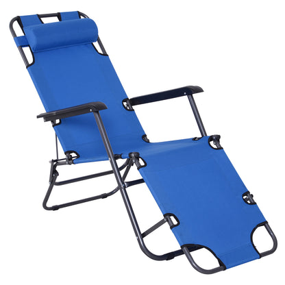 Outsunny 2 in 1 Sun Lounger Folding Reclining Chair Garden Outdoor Camping Adjustable Back with Pillow (Blue)