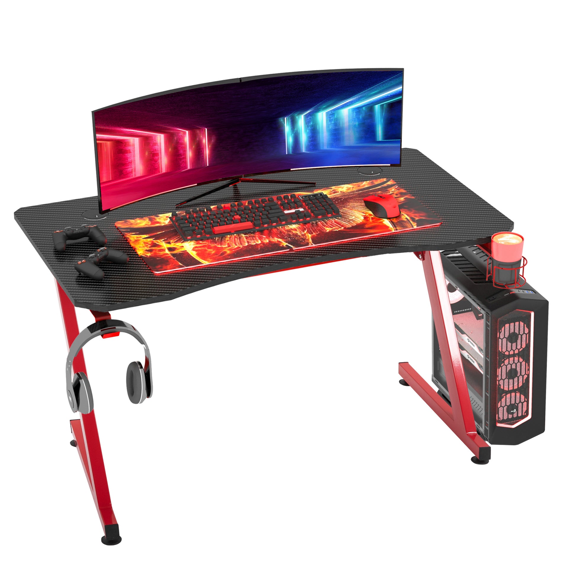 Homcom Gaming Desk Steel Frame w/ Cup Headphone Holder Adjustable Feet Cable Organiser Home Office Computer Table Red