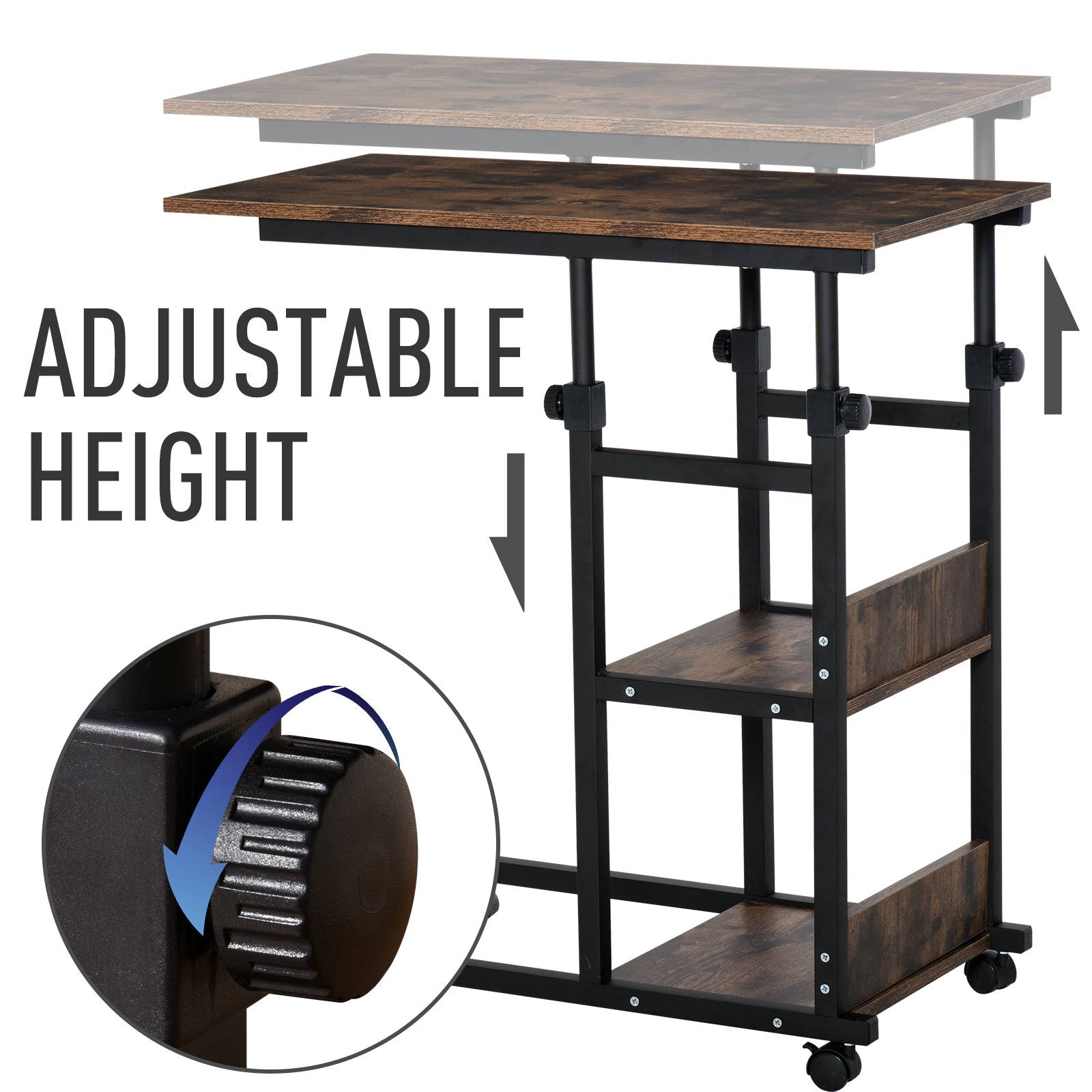 Homcom C-Shaped Side Table Industrial Mobile Rolling End Desk with 3-Tier Storage Shelving