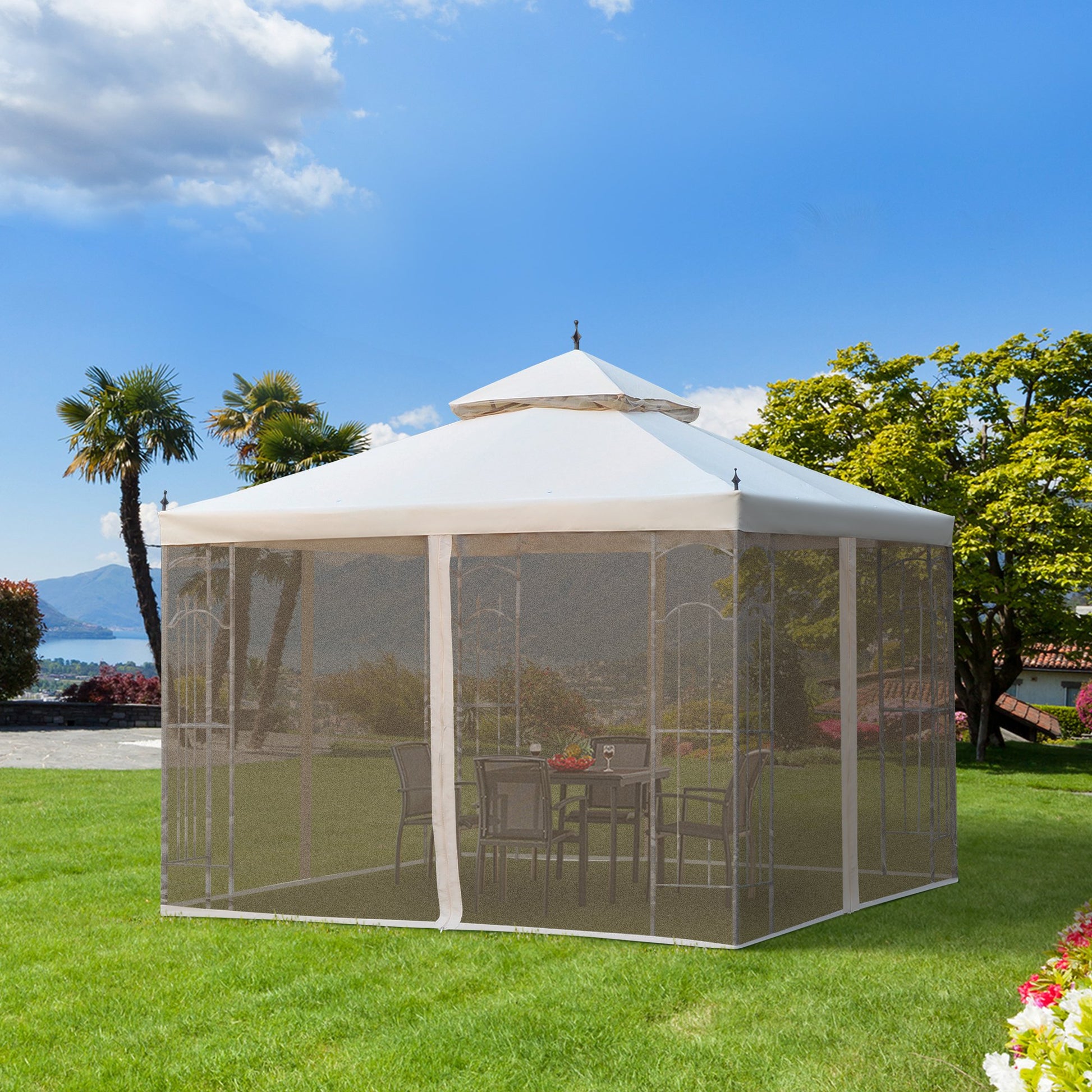 Outsunny 3(M)x3(M) Garden Gazebo Double Top Outdoor Canopy Patio Event Party Wedding Tent Backyard Sun Shade with Netting - Cream White