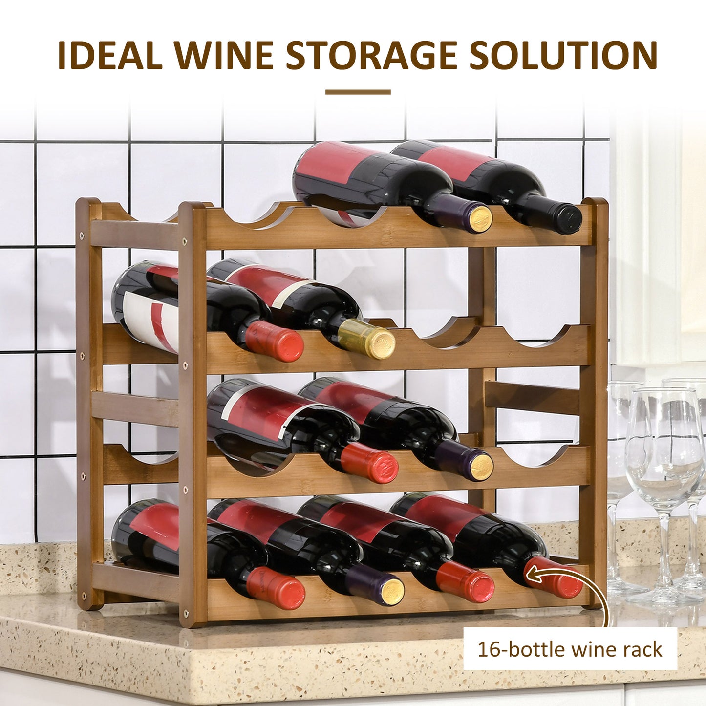 Homcom Free Standing Bamboo Wine Rack with 16 Bottles Holder