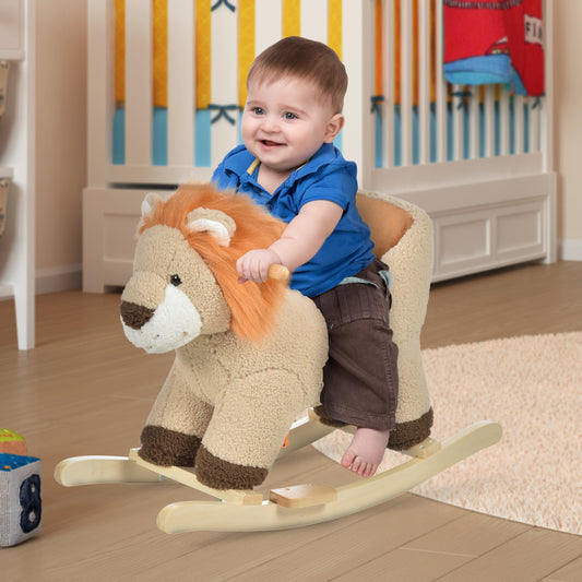 Homcom Kids Children Rocking Horse Plush Ride On Lion Seat w/ Sound Wood Base Seat Safety Belt Toddler Baby Toy Brown