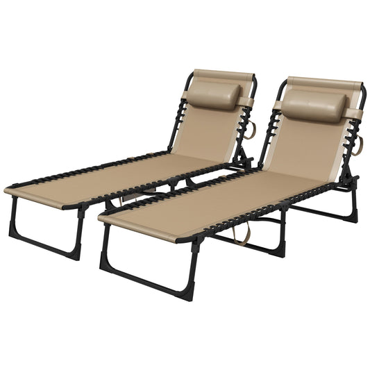 Portable Sun Lounger Set of 2, Folding Camping Bed Cot, Reclining Lounge Chair 5-position Adjustable Backrest with Side Pocket, Pillow for Patio Garden Beach Pool, Beige-0