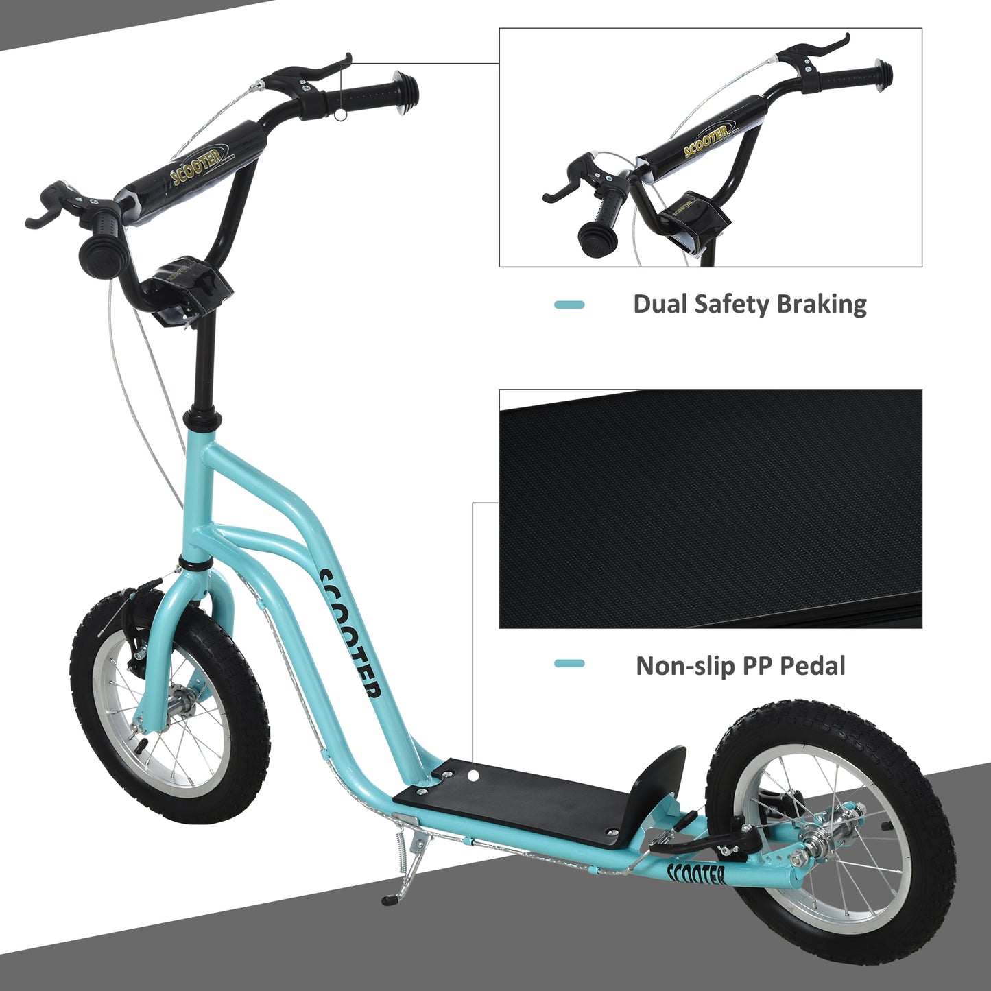 Homcom Teen Kids Stunt Scooter Children Kick Scooter Adjustable Handlebar 2 Brakes Ride On 12 Inch Rubber Tyres Blue