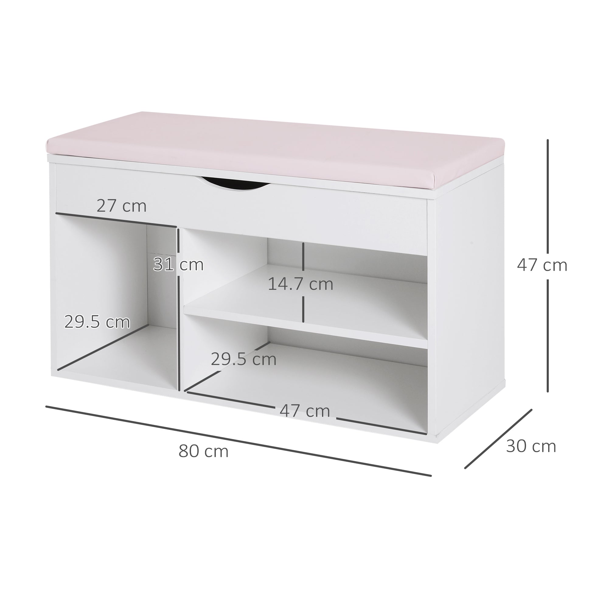 Homcom Wooden Shoes Cabinet Bench Hidden Storage Padded Seat Organiser Footwear Rack Hallway White Pink 80 x 30 x 47 cm