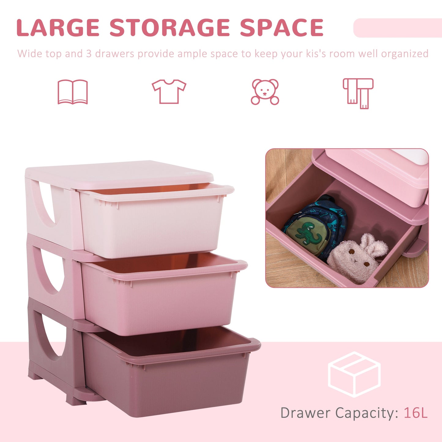 Homcom Kids Three-Tier Storage Unit  Pink