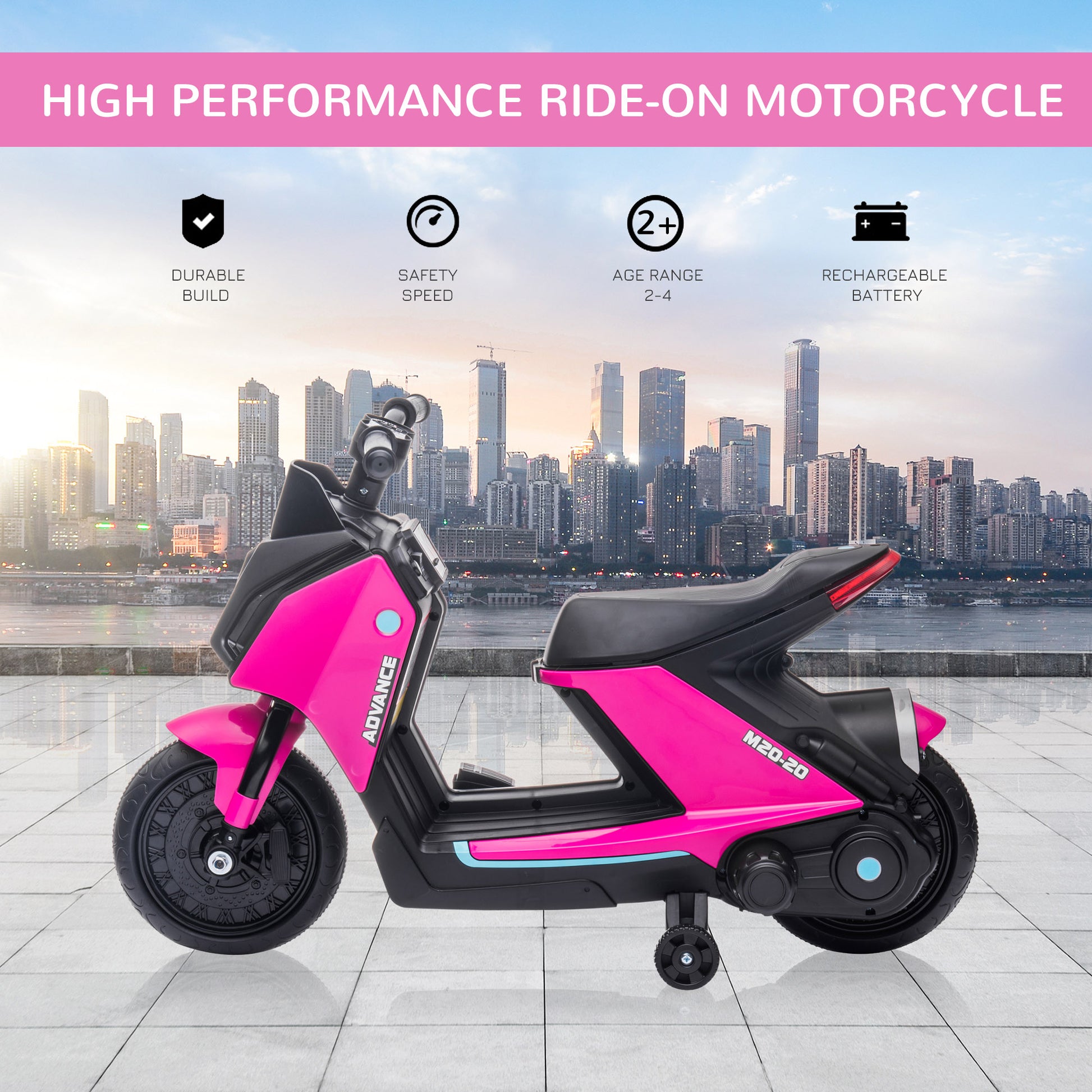 Homcom 6V Kids Electric Motorbike Ride On Toy w/ Music Headlights Safety Training Wheels for Girls Boy 2-4 Years Pink