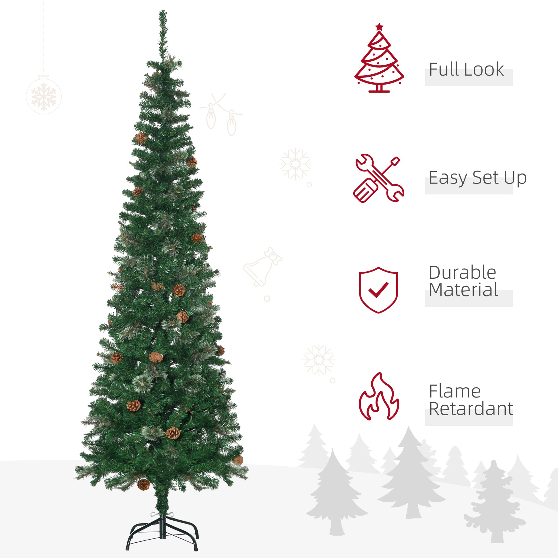 Homcom 6.5FT Tall Pencil Slim Artificial Christmas Tree with Realistic Branches