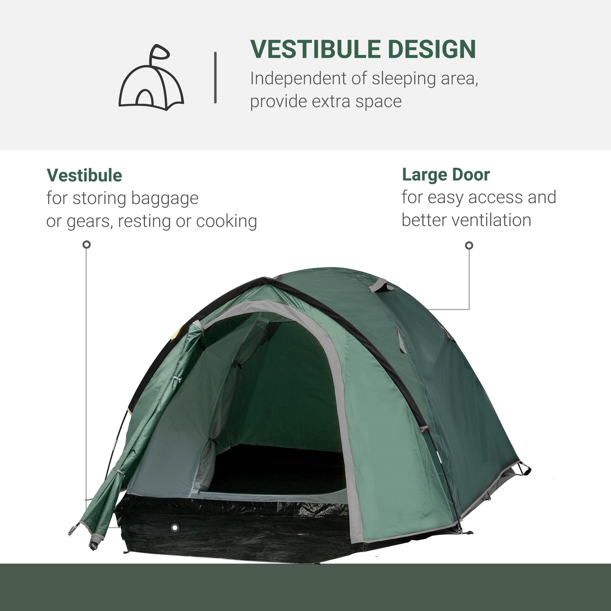 Outsunny Dome Tent for 3-4 Person Family Tent with Large Windows Waterproof Green