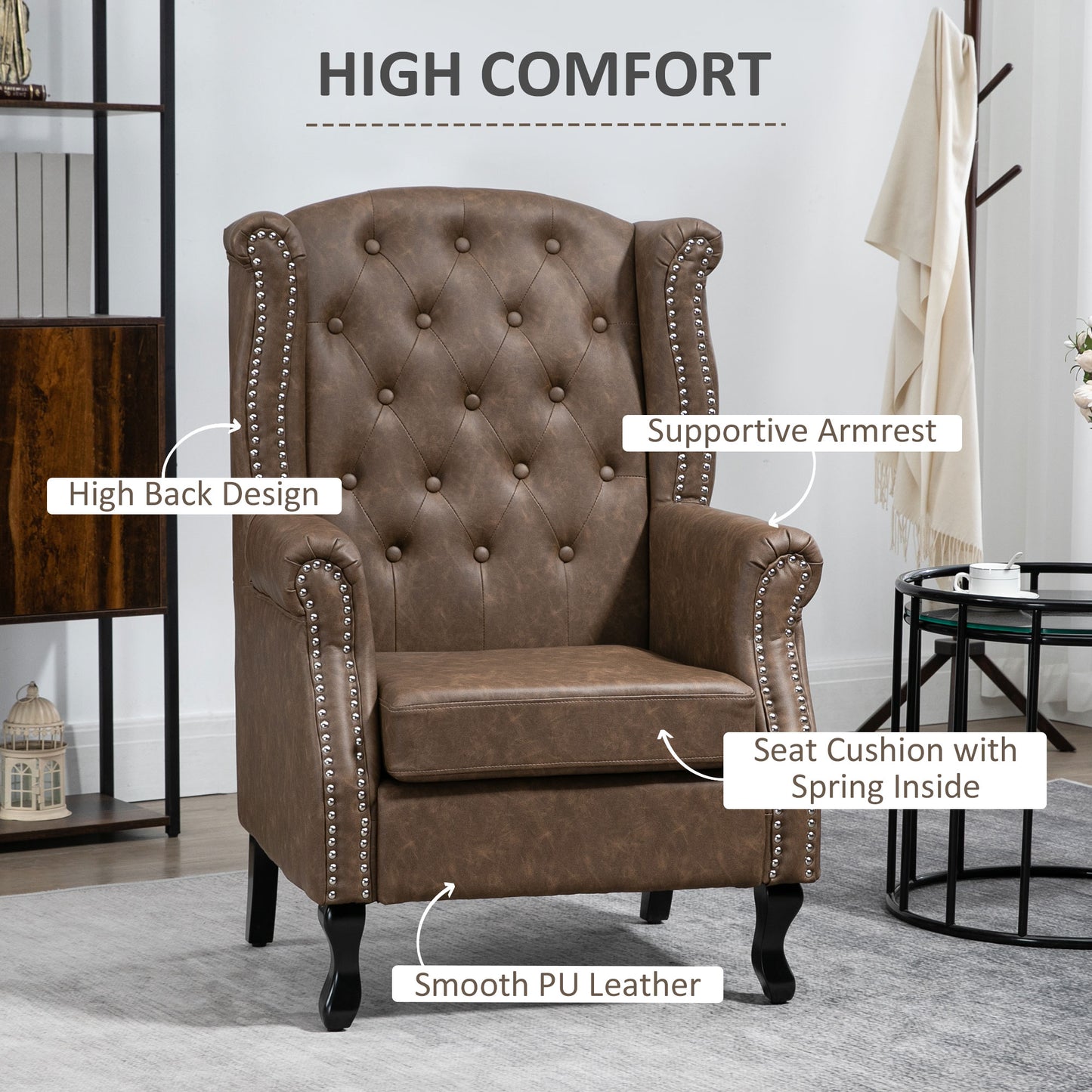 Homcom Wingback Accent Chair Tufted Chesterfield-style Armchair with Nail Head Trim for Living Room Bedroom Brown