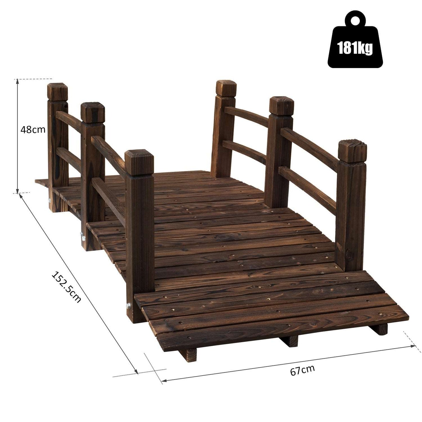 Outsunny 1.5M Wooden Garden Bridge Lawn DÚcor Stained Finish Arc Outdoor Pond Walkway W/ Railings Water Yard Decoration