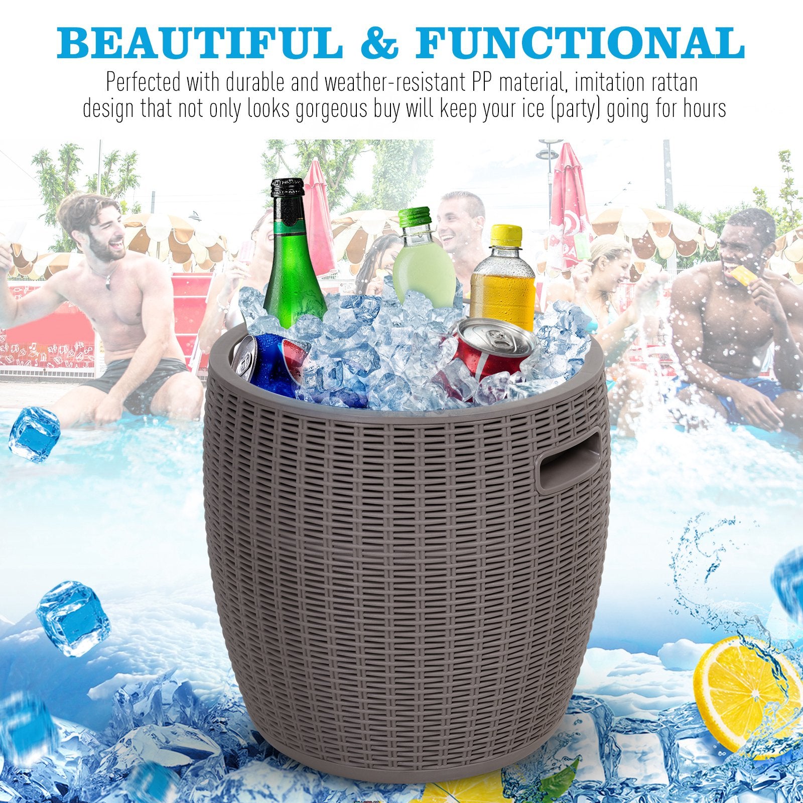 Outsunny 45L Outdoor Rattan-Effect Lift-Top Ice Cooler Table Grey