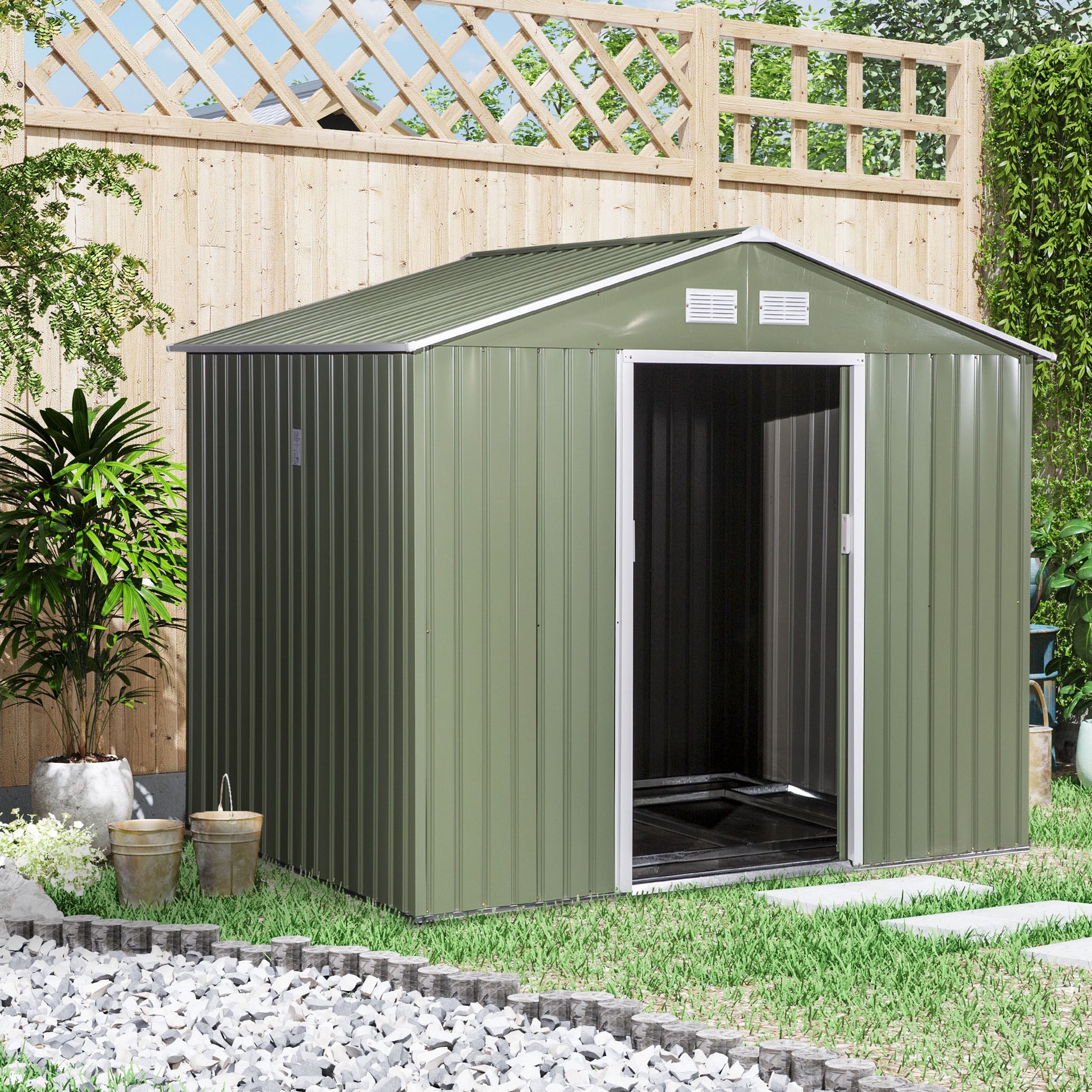 Corrugated 9 x 6' Double Door Reverse Apex Garden Shed With Ventilation Steel Green by Steadfast