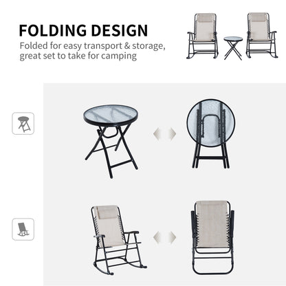 Outsunny 3 Piece Outdoor Rocking Set With 2 Folding Chairs And 1 Tempered Glass Table