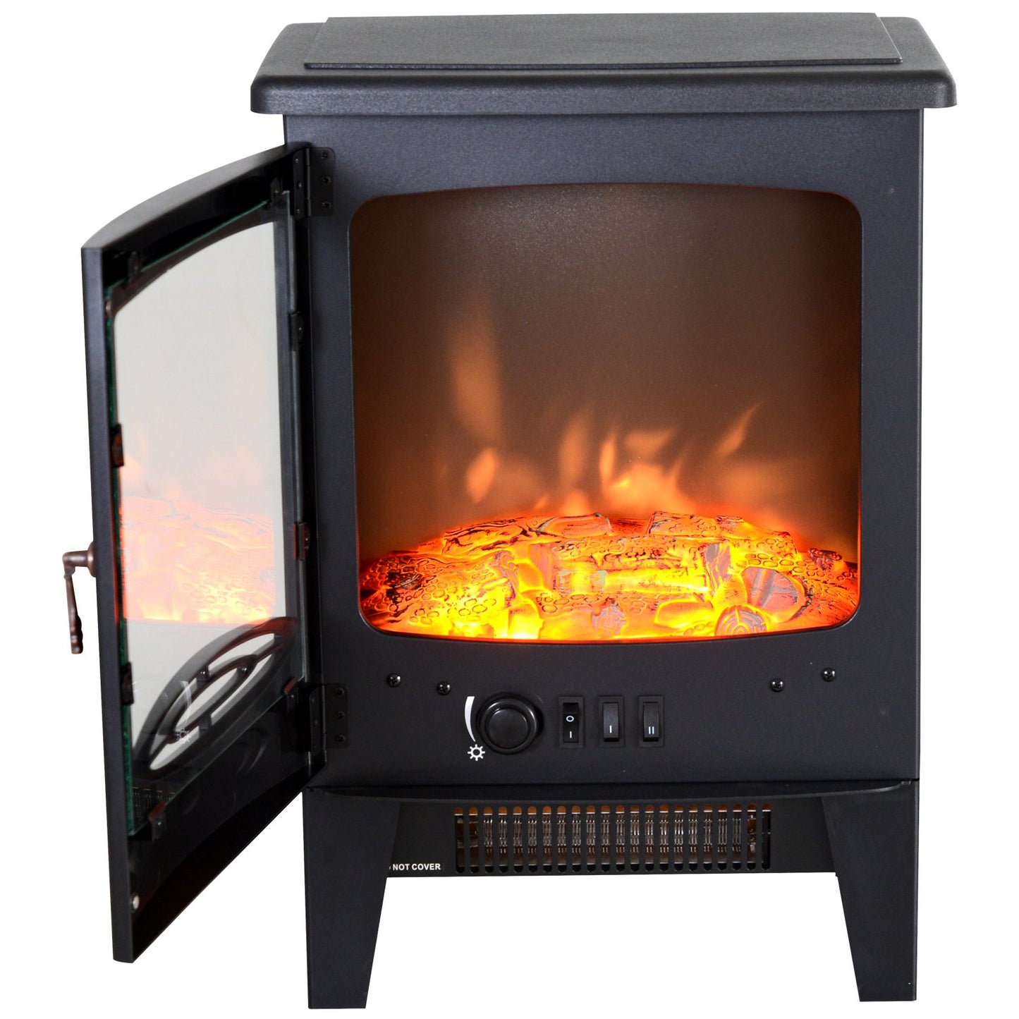 Homcom Electric Heater Freestanding Fireplace Artificial Flame Effect w/ Safety Thermostat 950w/1850W Tempered Glass Casing-Black