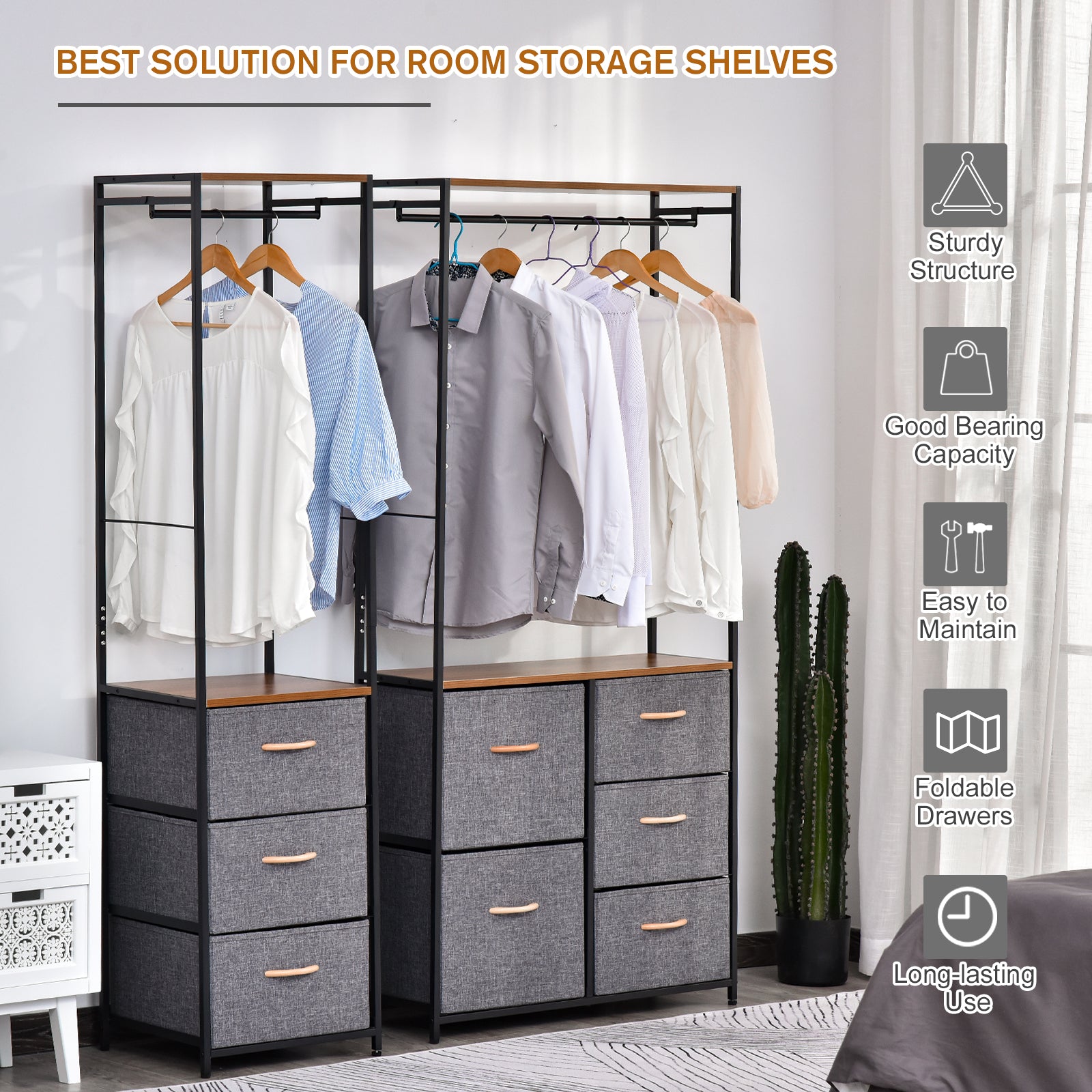 Homcom Chest of Drawers with Coat rack Steel Frame 5 Drawers Bedroom Hallway Home Furniture Black Brown