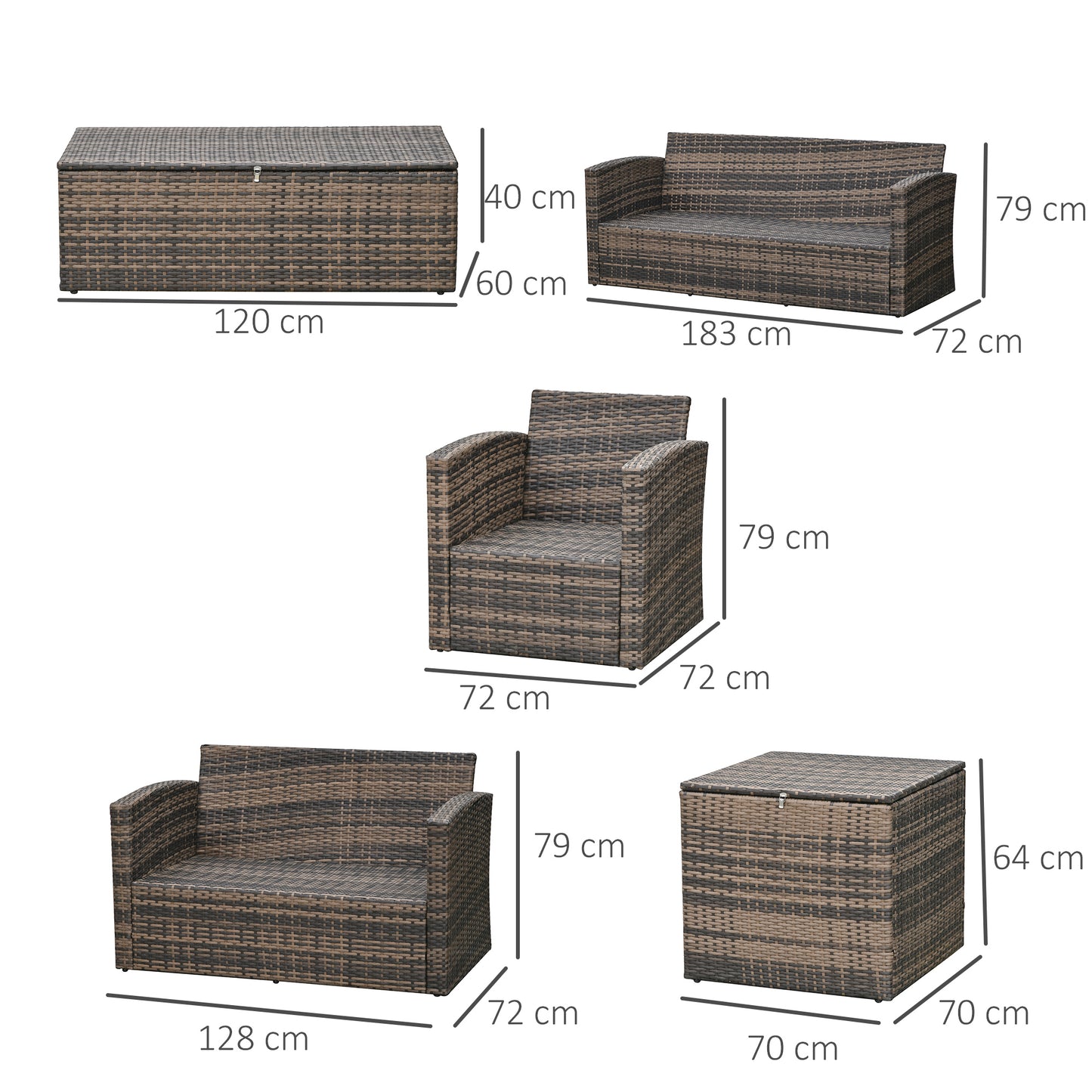 Outsunny 6 Piece Outdoor Rattan Wicker Sofa Set Sectional Patio Conversation Furniture Set w/ Storage Table & Cushion Mixed Brown