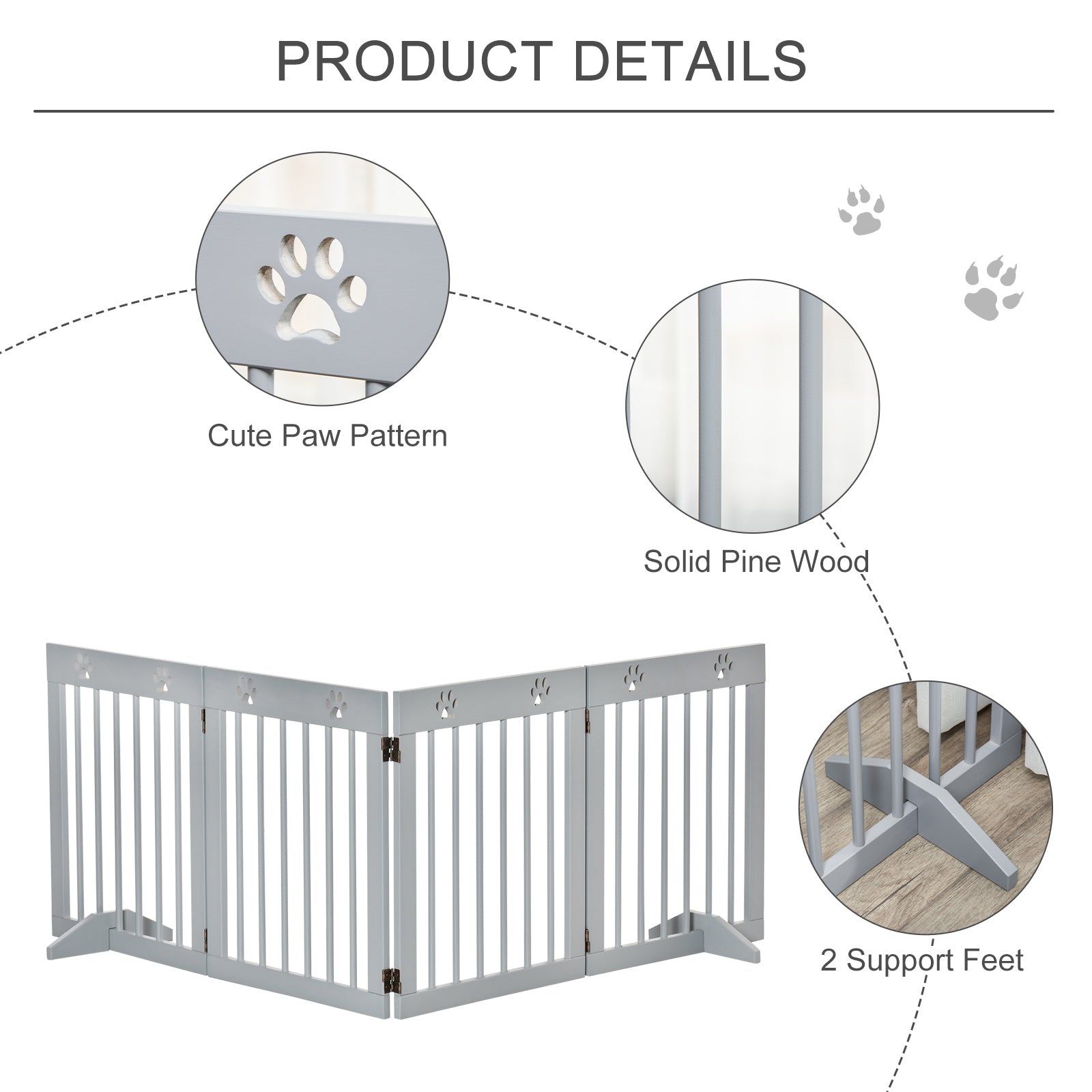 PawHut Freestanding Pet Gate 4 Panel Folding Wooden Dog Barrier w/ Support Feet