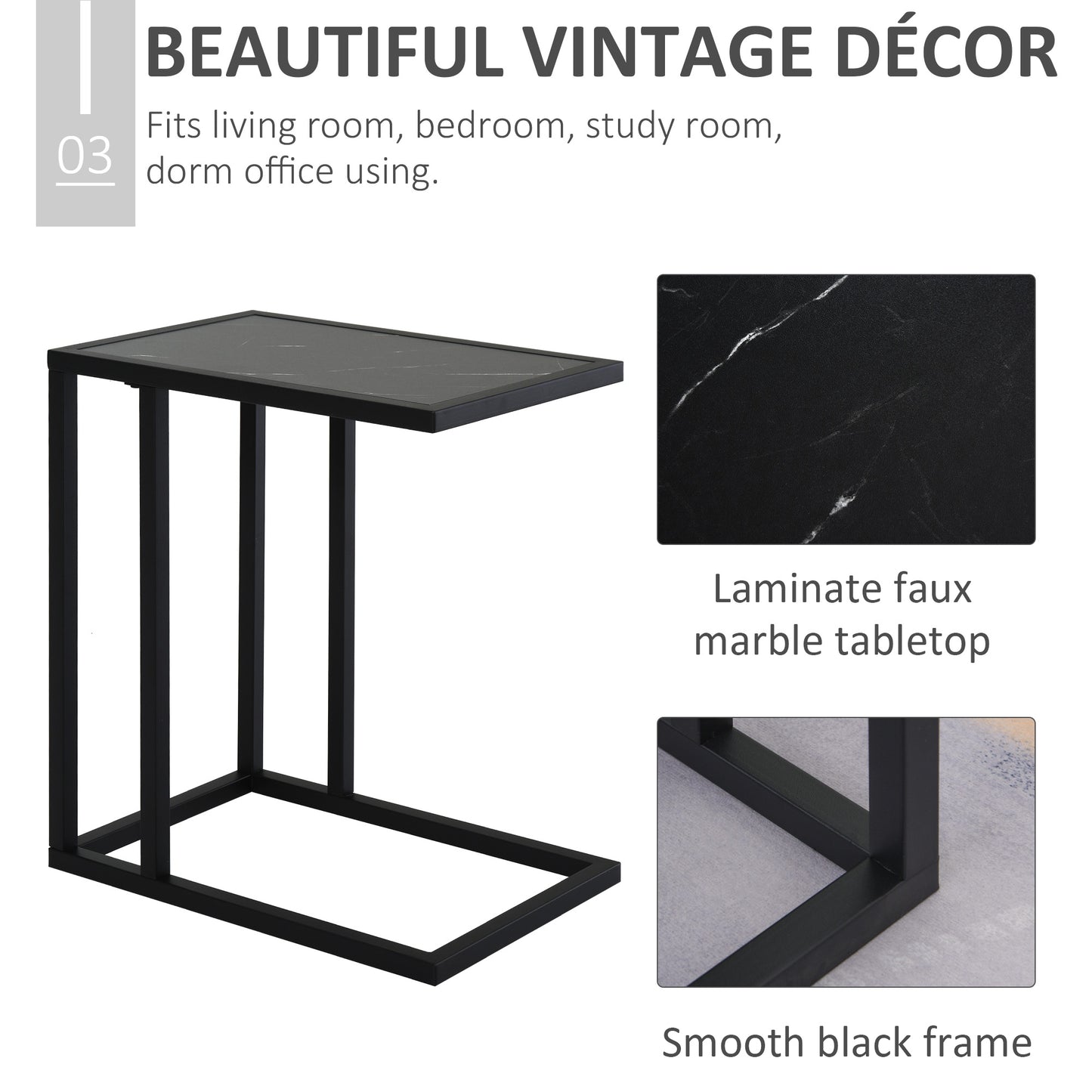 Homcom C Shape End Table W/Metal Frame Marble-Effect Top Sofa Side Table Narrow Snack Coffee Table For Living Room Black