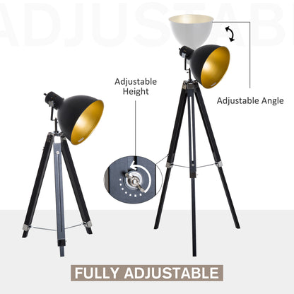 Homcom Industrial Floor Lamp for Living Room Tripod Spotlight Reading Lamp w/Wood Legs Metal Shade Adjustable Height Angle for Bedroom Home Office Black and Gold