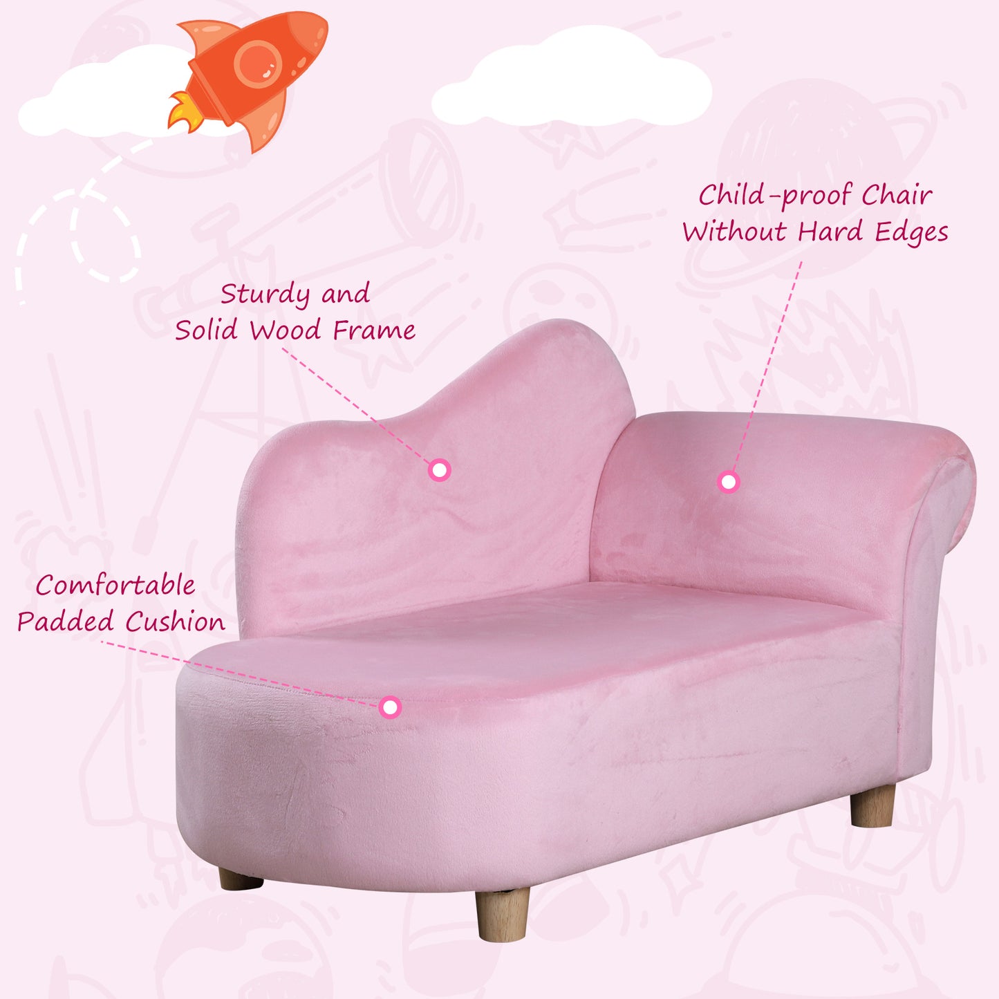 Homcom Kids Velvet-Like Chaise Lounge  Pink