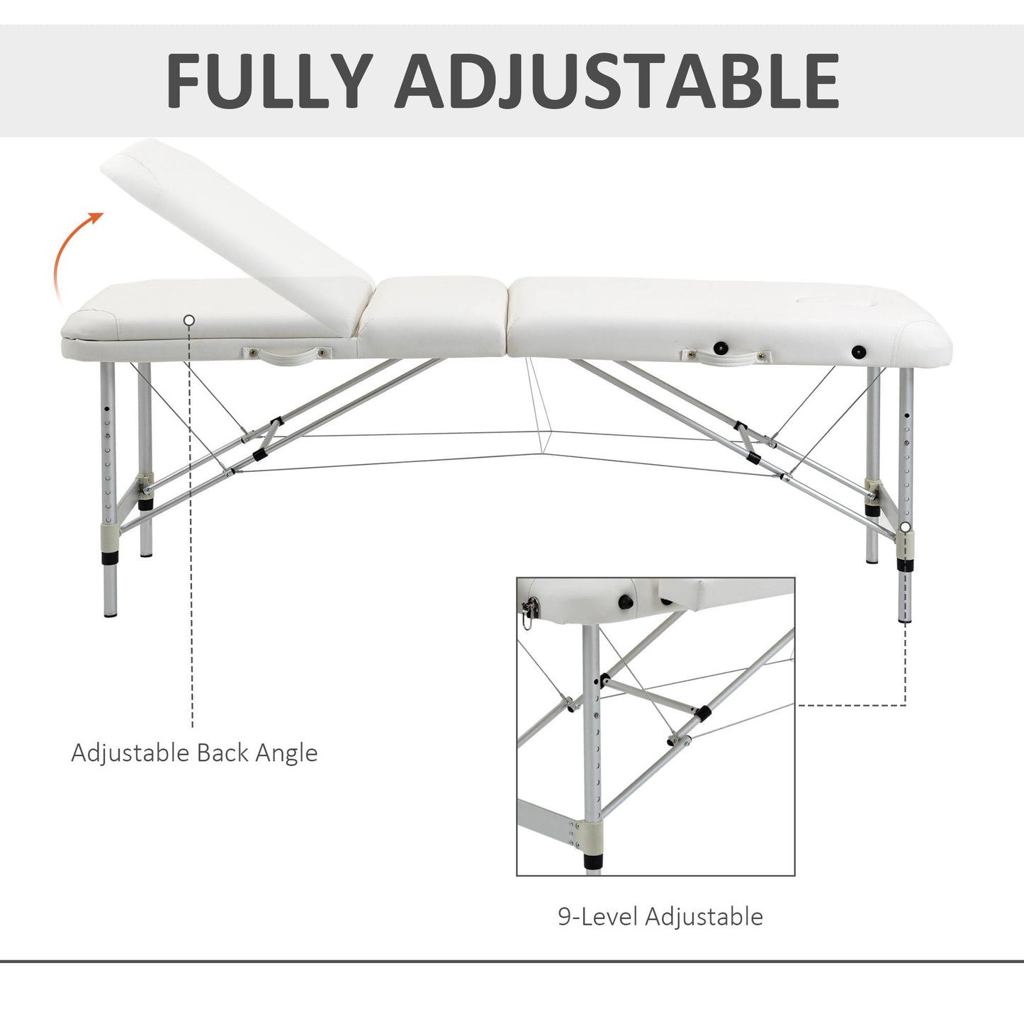 Homcom Folding PVC Leather Massage Table Aluminium Frame w/ Headrest Armrests Padding Handle Carry Bag Adjustable Height 3-Way Tri-Fold Salon Professional Bed Beauty White