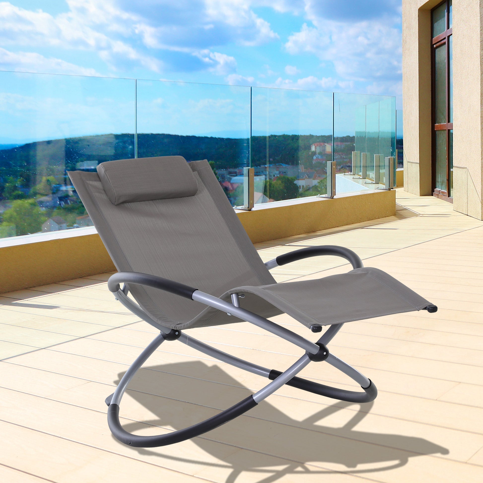 Outsunny Outdoor Orbital Lounger Zero Gravity Patio Chaise Sun Lounger Foldable Rocking Chair w/ Pillow Grey